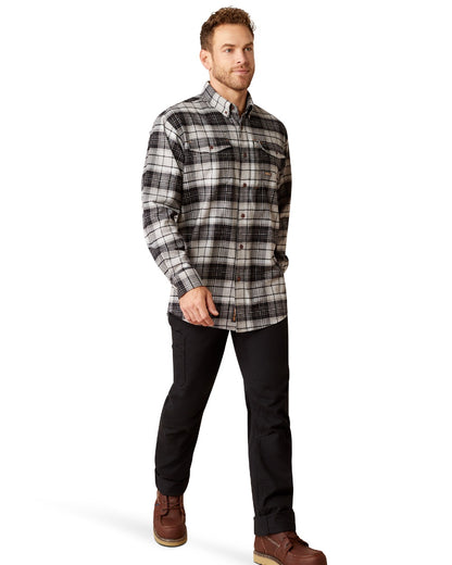 Charcoal Grey coloured Ariat Mens Rebar Flannel Durastretch Long Sleeves Work Shirt on white background 