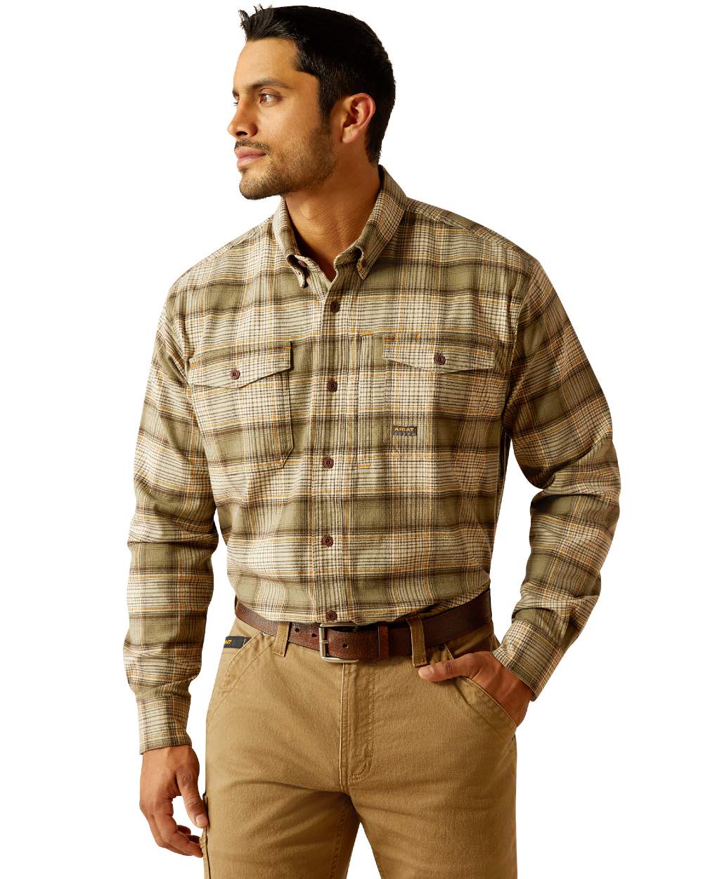 Deep Lichen coloured Ariat Mens Rebar Flannel Durastretch Long Sleeves Work Shirt on white background 