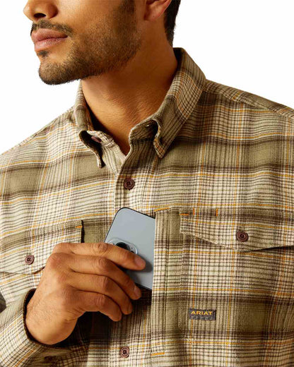 Deep Lichen coloured Ariat Mens Rebar Flannel Durastretch Long Sleeves Work Shirt on white background 