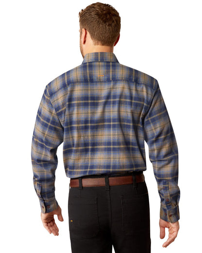 Navy Khaki coloured Ariat Mens Rebar Flannel Durastretch Long Sleeves Work Shirt on white background 