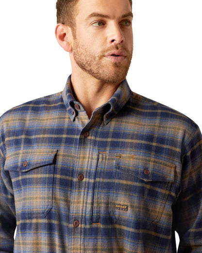 Navy Khaki coloured Ariat Mens Rebar Flannel Durastretch Long Sleeves Work Shirt on white background 