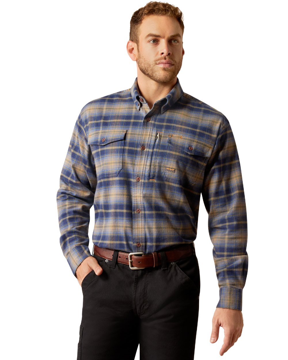 Navy Khaki coloured Ariat Mens Rebar Flannel Durastretch Long Sleeves Work Shirt on white background 