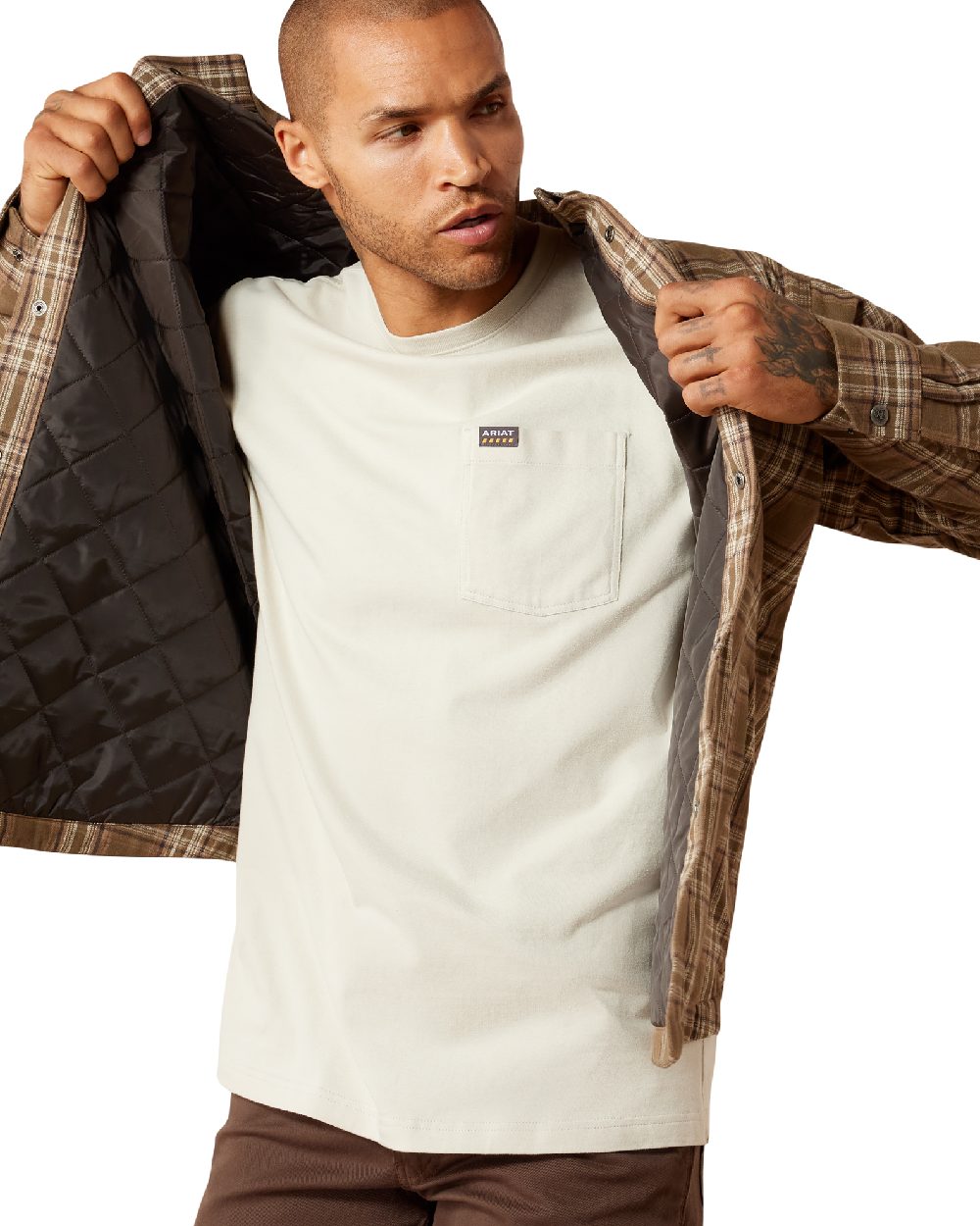 Canteen coloured Ariat Mens Rebar Flannel Insulated Shirt Jacket on white background 