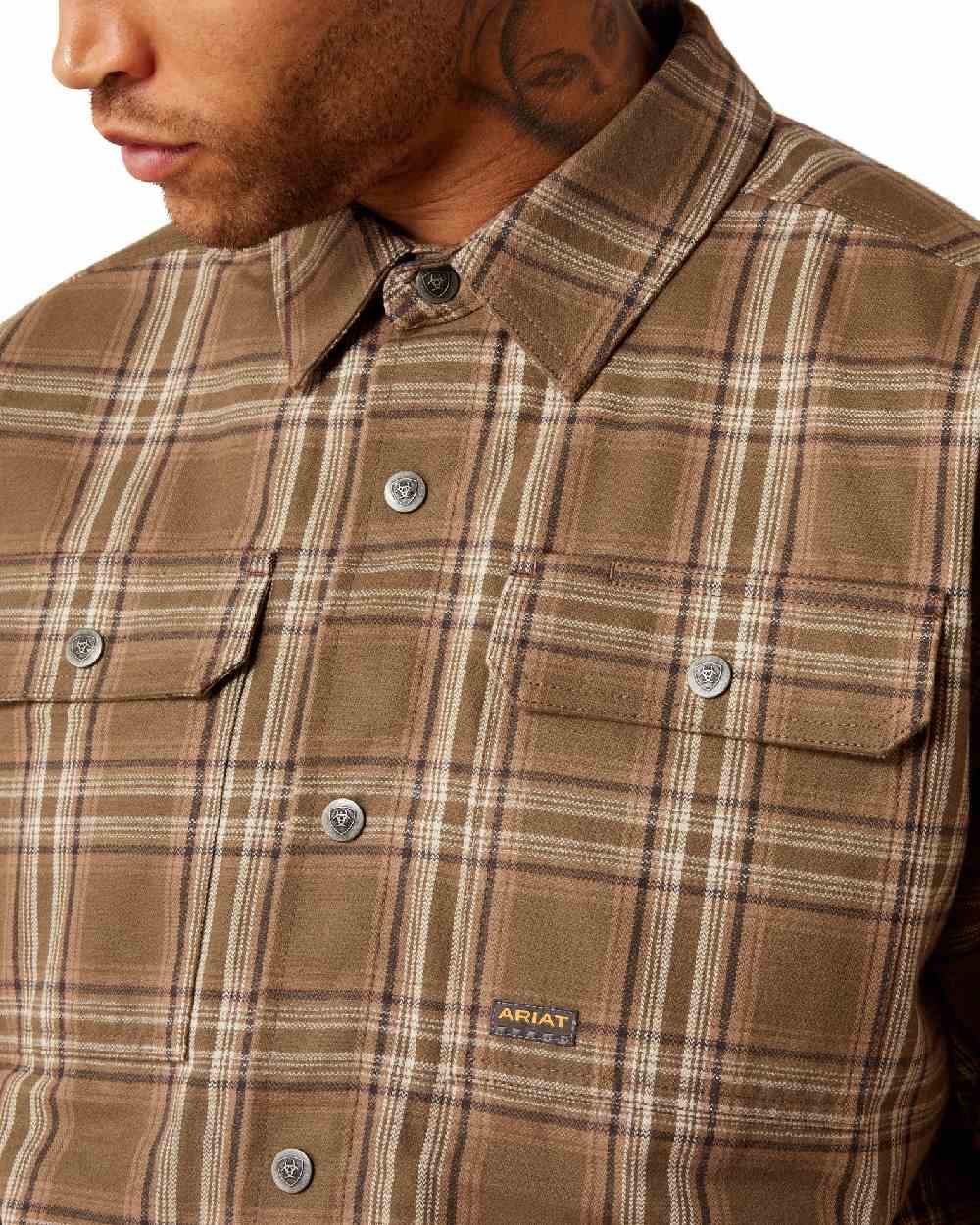 Canteen coloured Ariat Mens Rebar Flannel Insulated Shirt Jacket on white background 