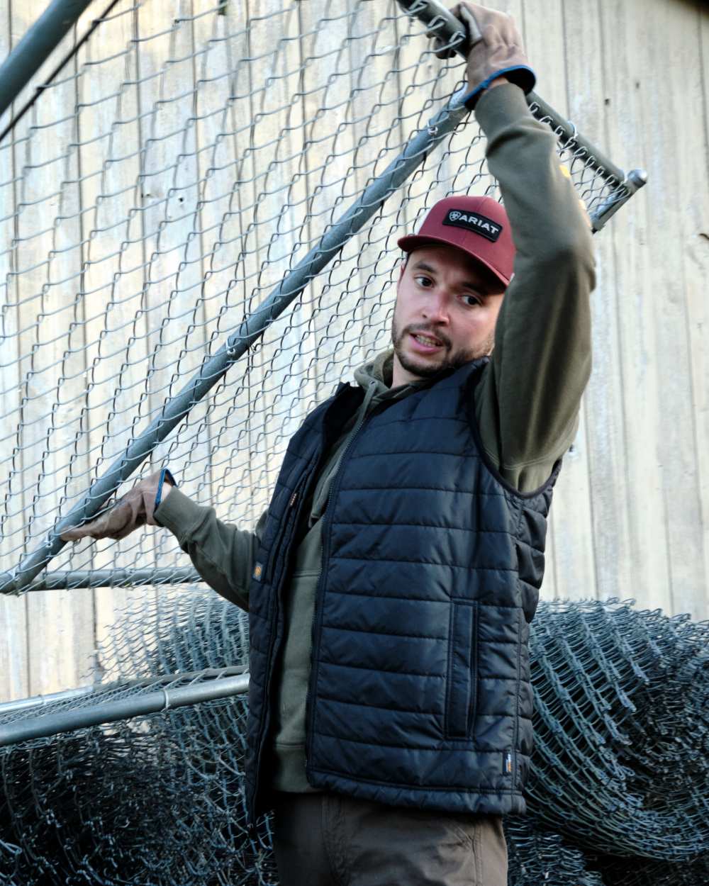 Grape Leaf Dried Herb coloured Ariat Mens Rebar Graphic Hoodie Clearance on worksite background 