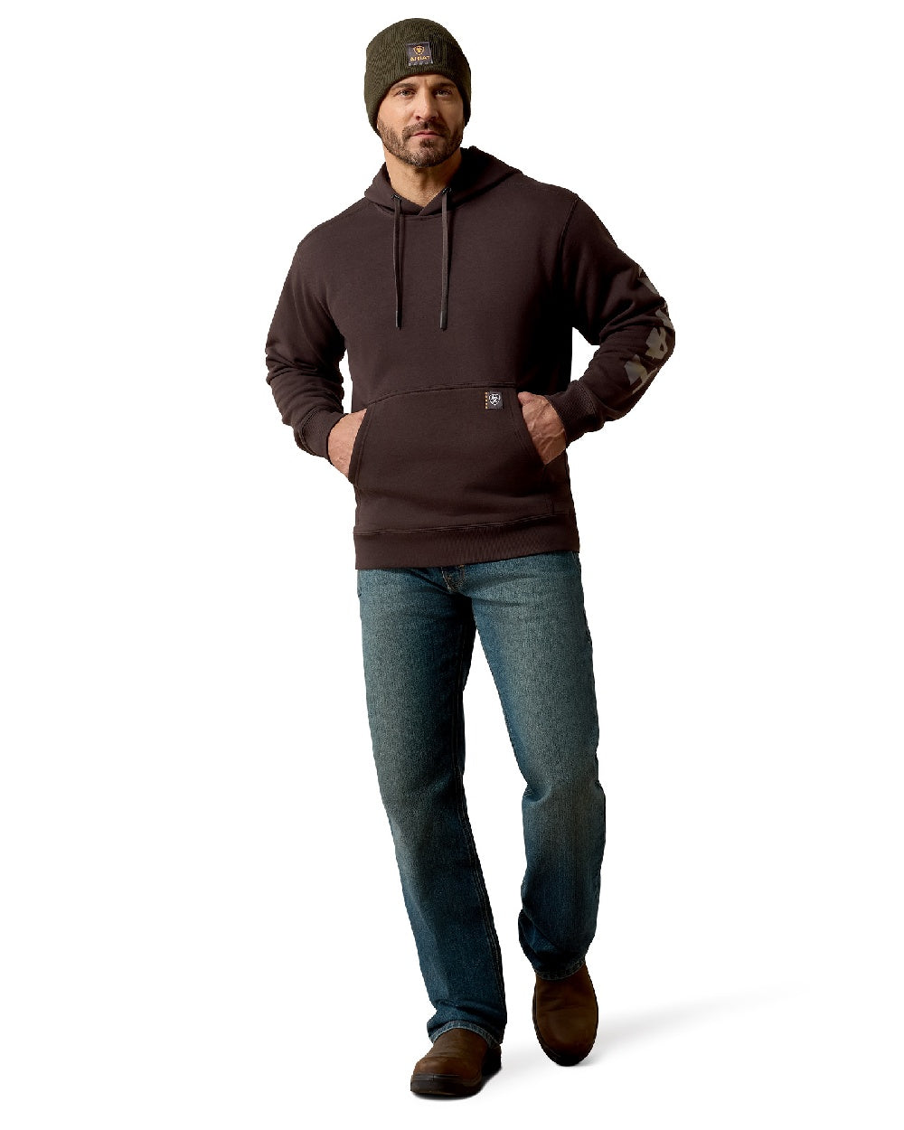 Licorice Canteen coloured Ariat Mens Rebar Lightweight Logo Hoodie on white background 