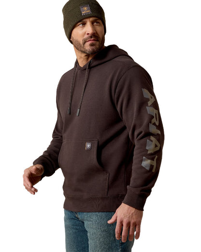 Licorice Canteen coloured Ariat Mens Rebar Lightweight Logo Hoodie on white background 