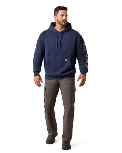 Navy Heather Alloy coloured Ariat Mens Rebar Lightweight Logo Hoodie on white background 