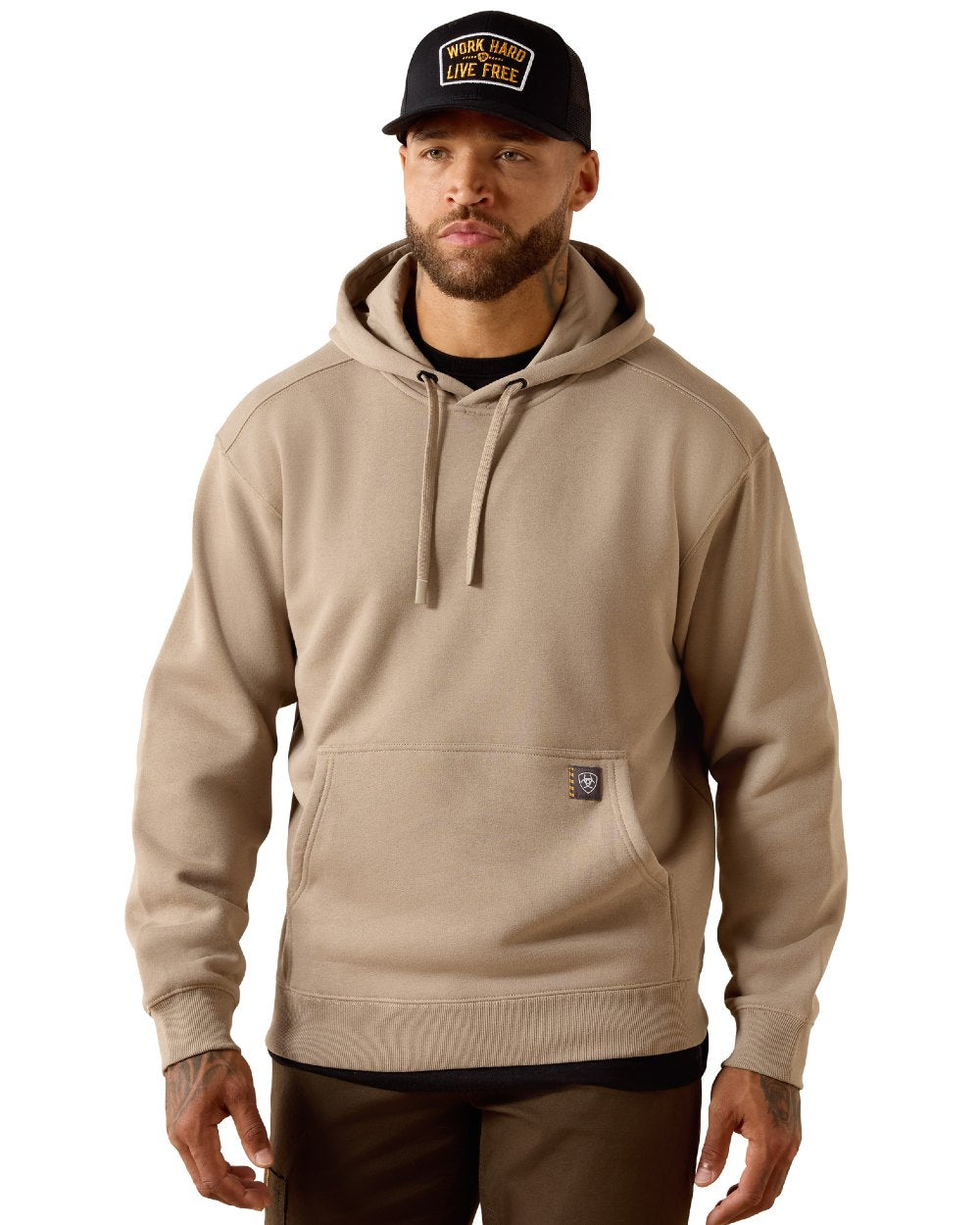 Greige coloured Ariat Mens Rebar Lightweight Workhog Hoodie on white background 