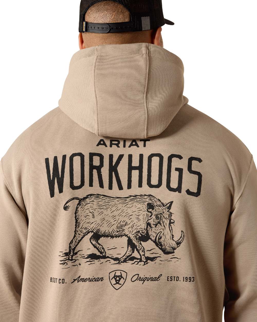 Greige coloured Ariat Mens Rebar Lightweight Workhog Hoodie on white background 