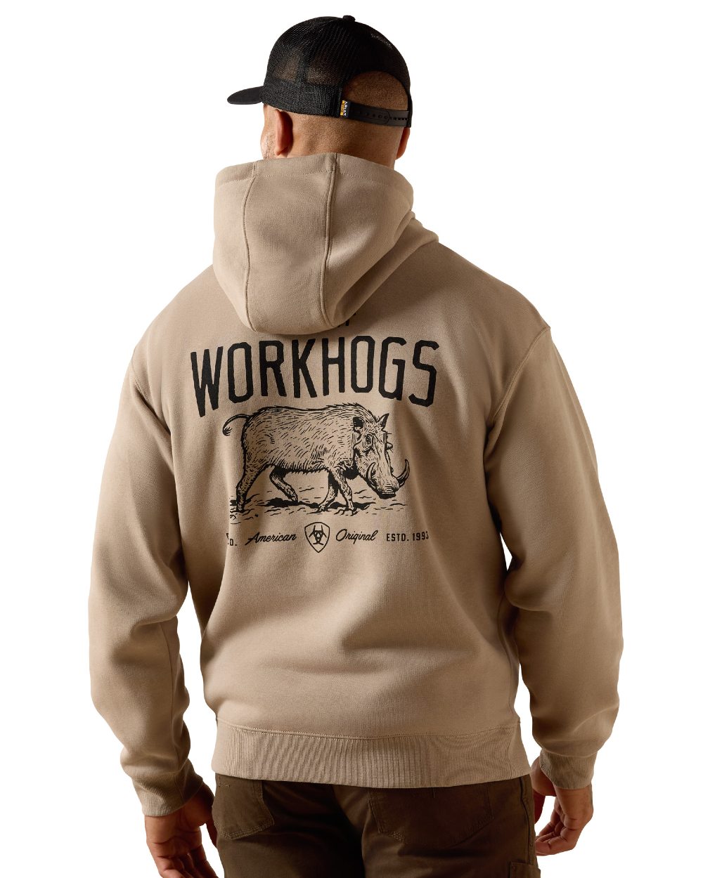 Greige coloured Ariat Mens Rebar Lightweight Workhog Hoodie on white background 