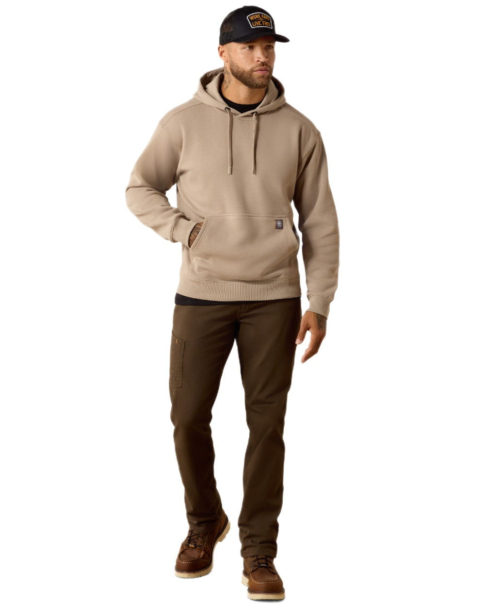 Greige coloured Ariat Mens Rebar Lightweight Workhog Hoodie on white background 