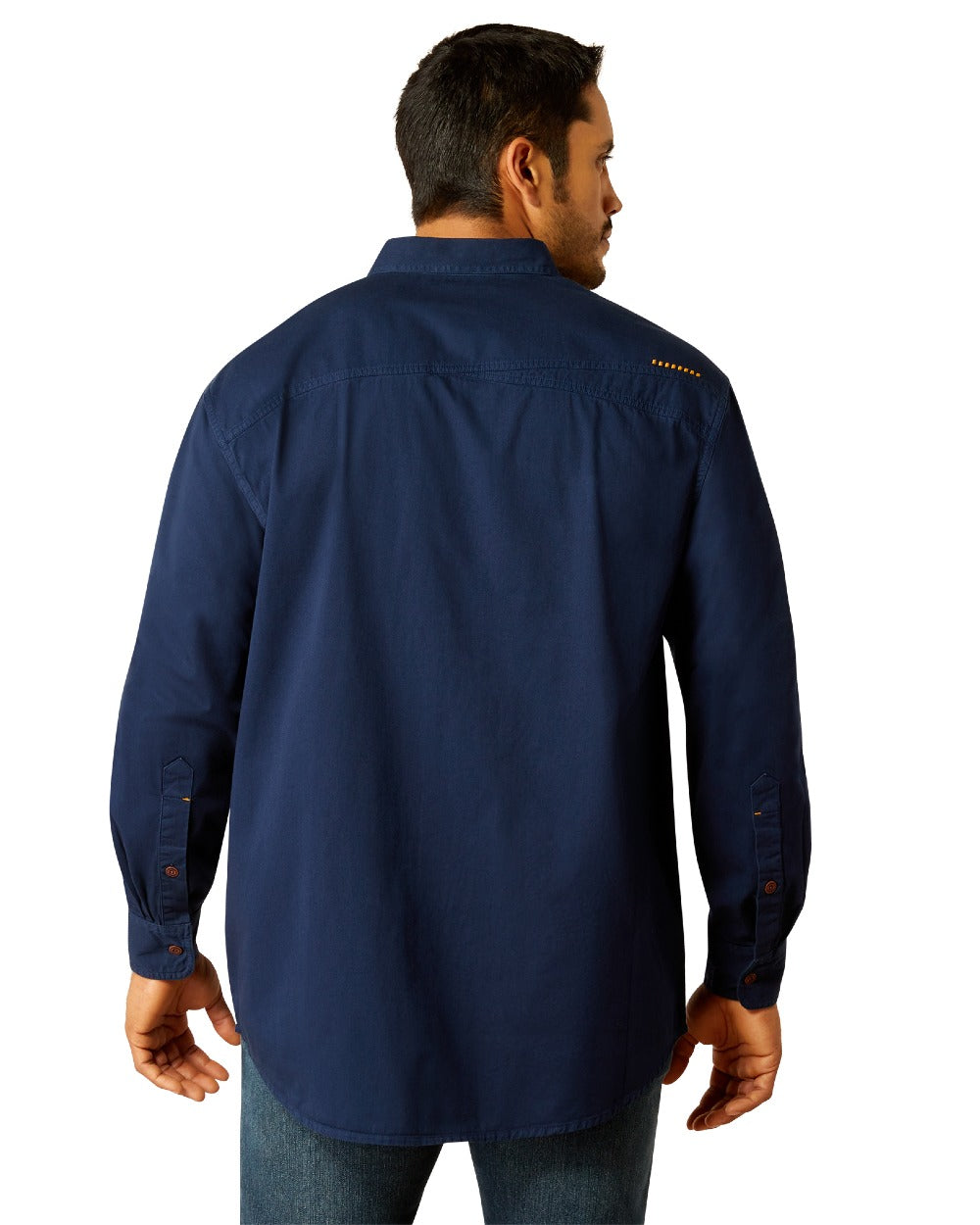 Navy Coloured Ariat Mens Rebar Washed Twill Work Shirt on white background 