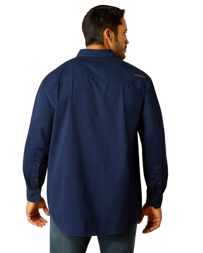 Navy Coloured Ariat Mens Rebar Washed Twill Work Shirt on white background 