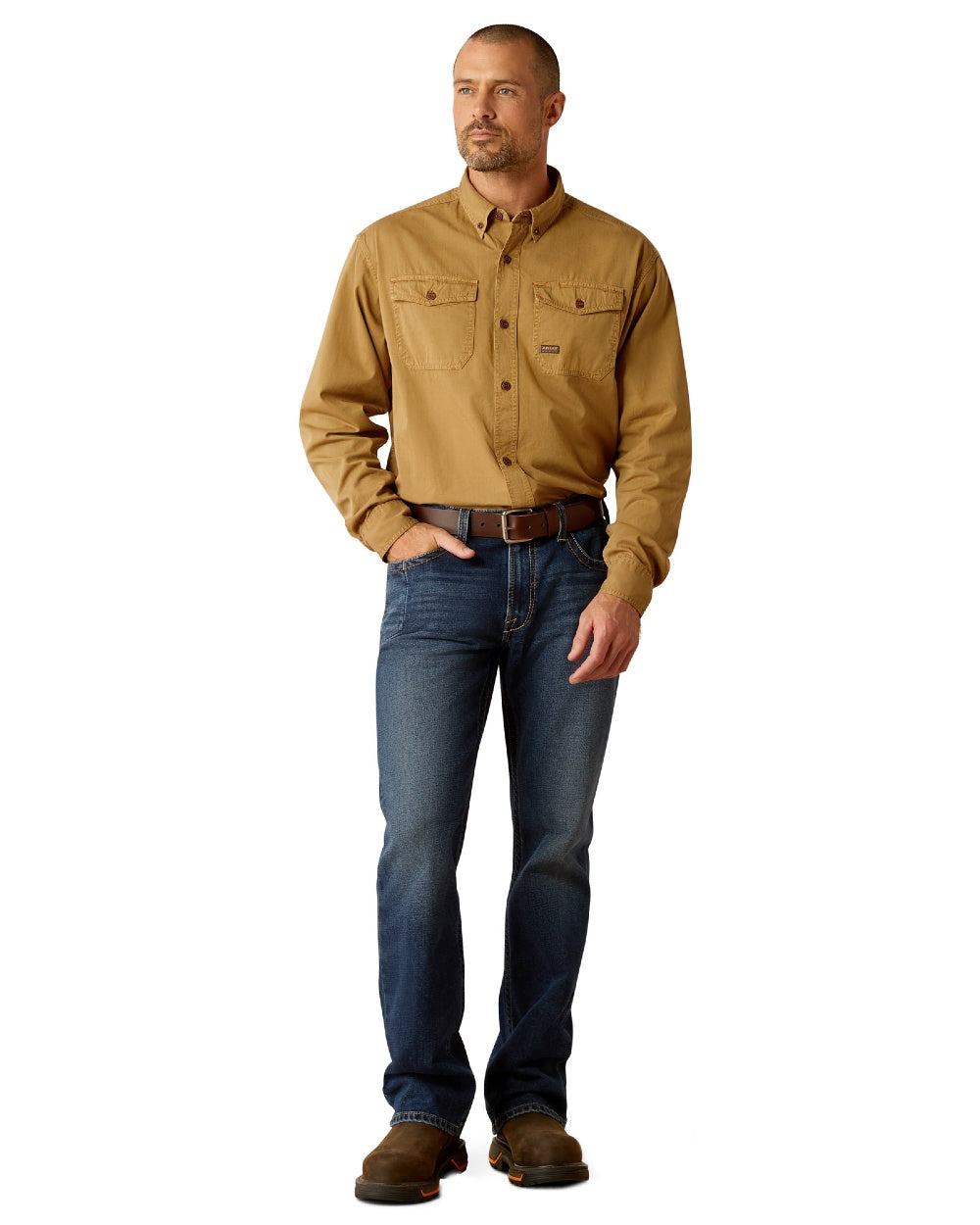 Rebar Khaki Coloured Ariat Mens Rebar Washed Twill Work Shirt on white background 