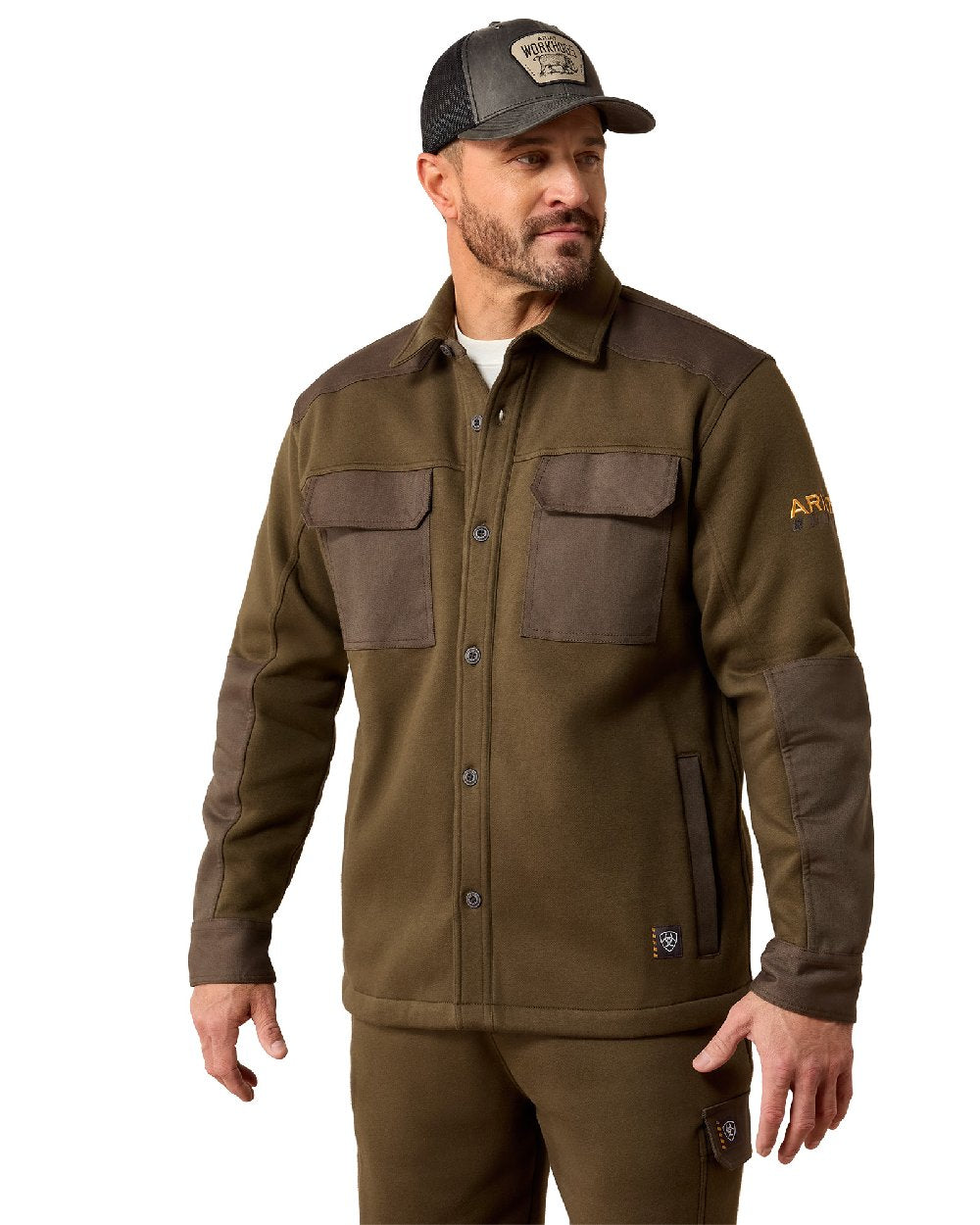Earth coloured Ariat Mens Rebar Workman Duracanvas Shirt Jacket on white background 