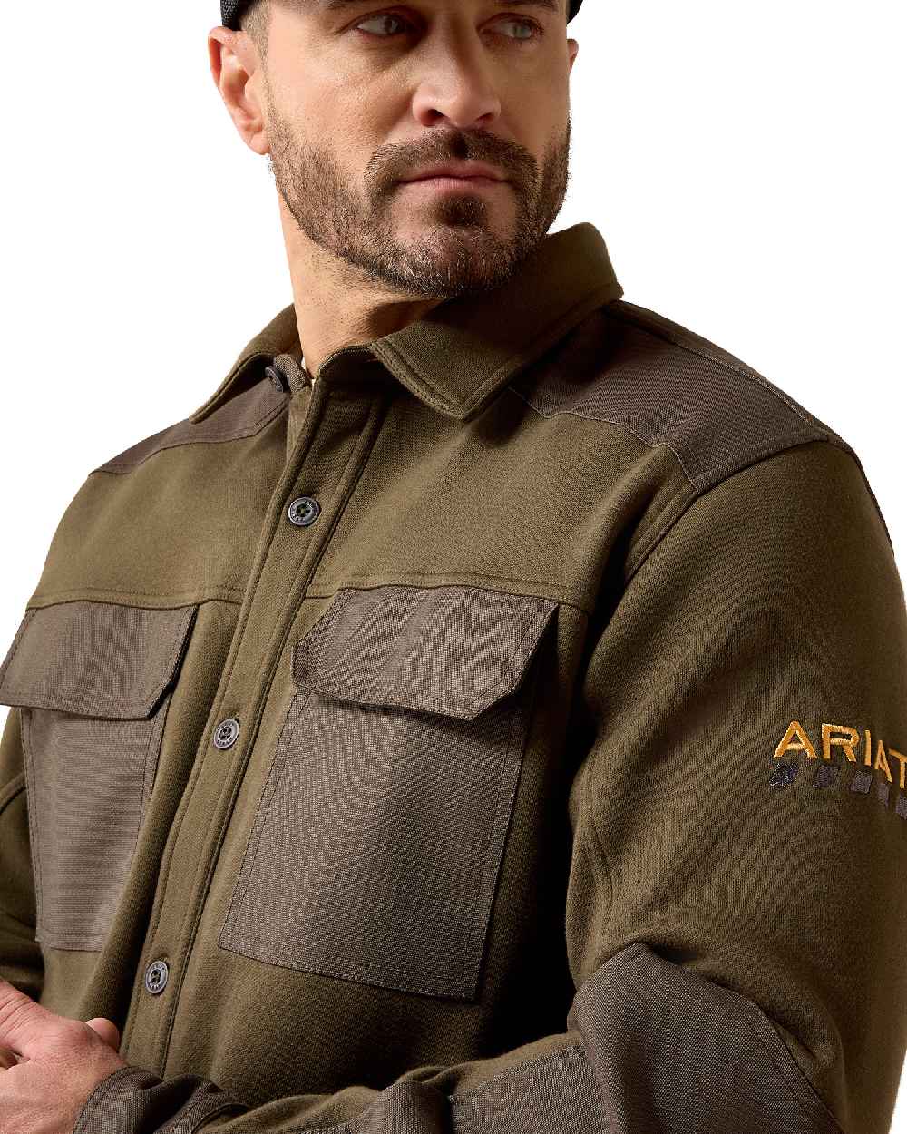 Earth coloured Ariat Mens Rebar Workman Duracanvas Shirt Jacket on white background 