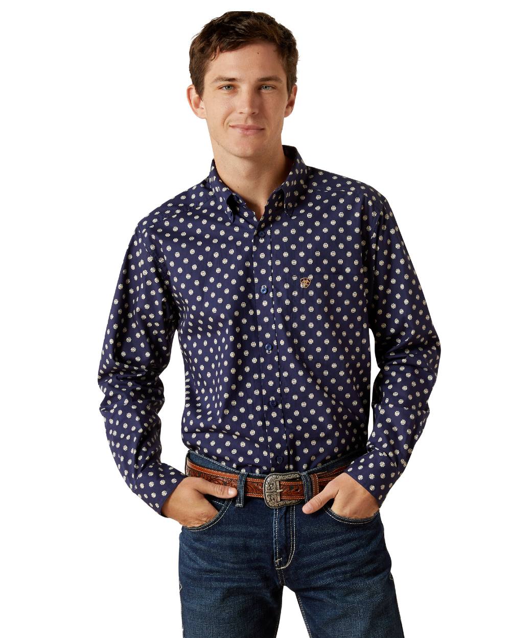 Dark Blue Coloured Ariat Mens Sammy Fitted Shirt on white background 