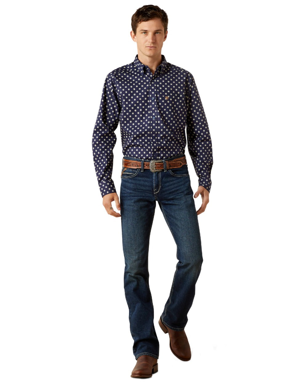 Dark Blue Coloured Ariat Mens Sammy Fitted Shirt on white background 