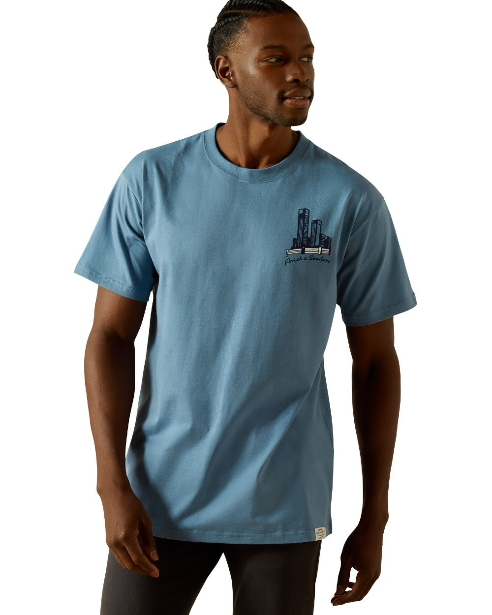Copen Blue Coloured Ariat Mens Sendero Country Fences T-Shirt on white background 