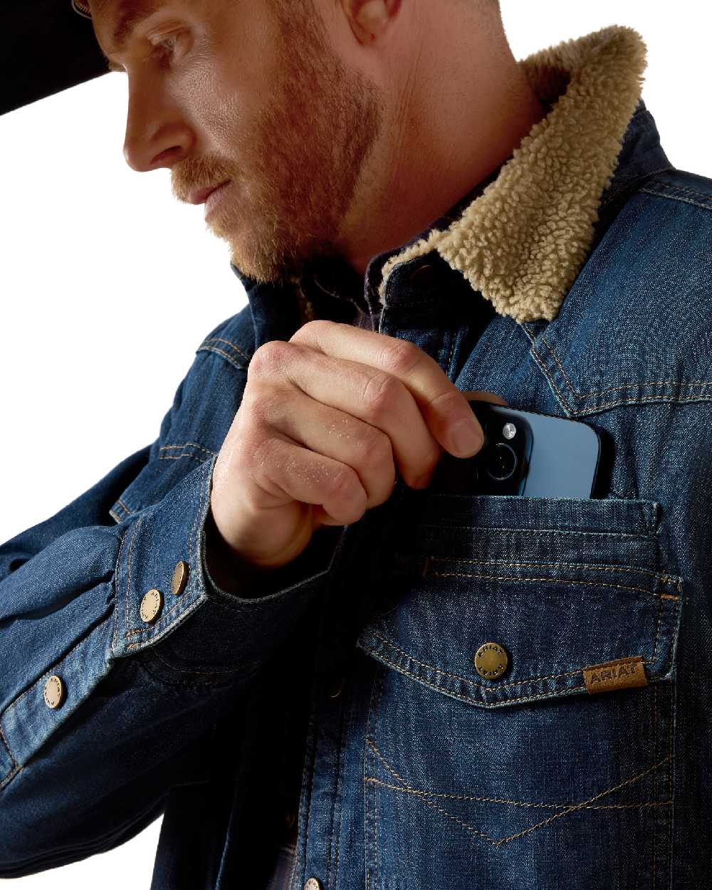 Stewart coloured Ariat Mens Sherpa Lined Shirt Jacket on white background 