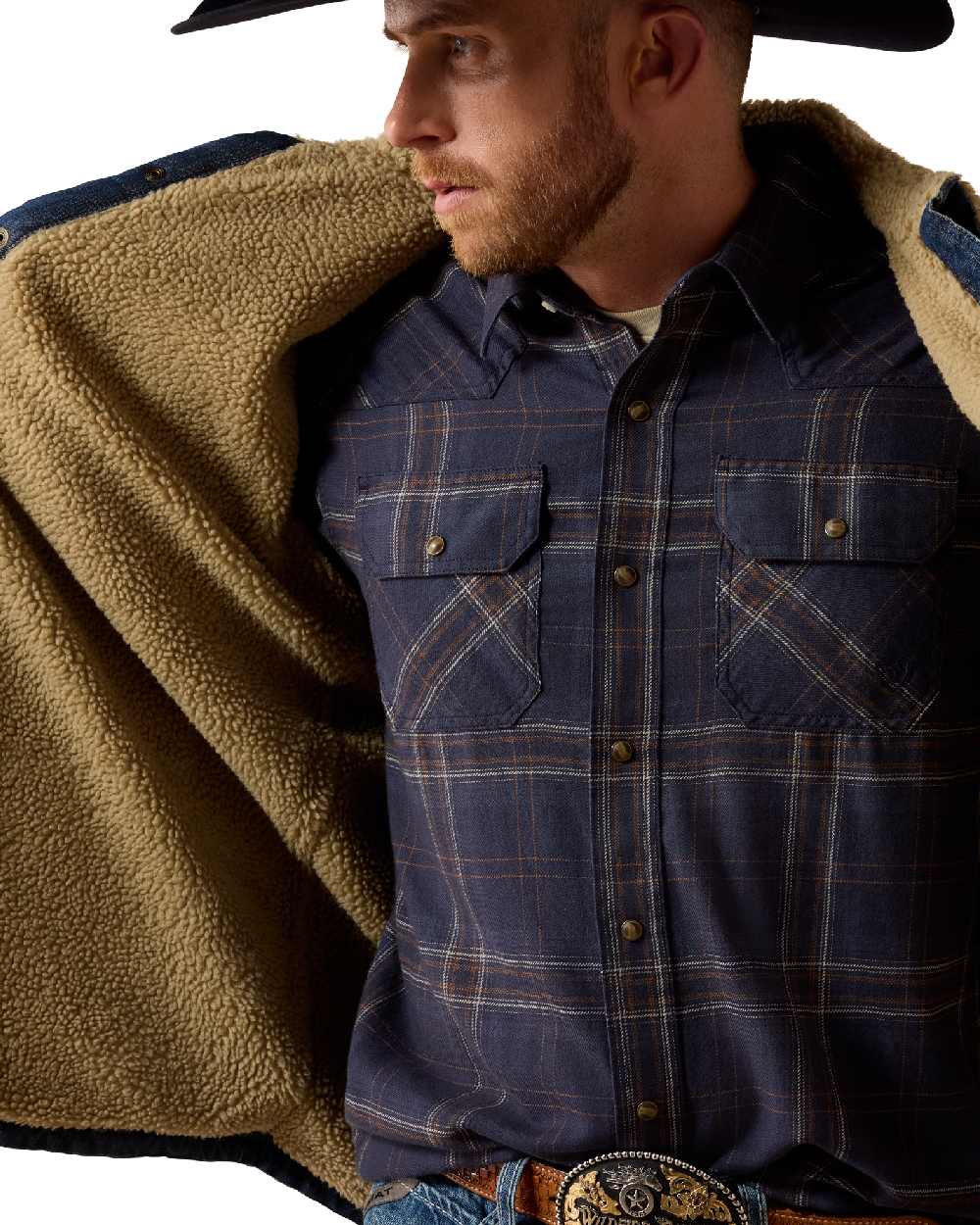 Stewart coloured Ariat Mens Sherpa Lined Shirt Jacket on white background 