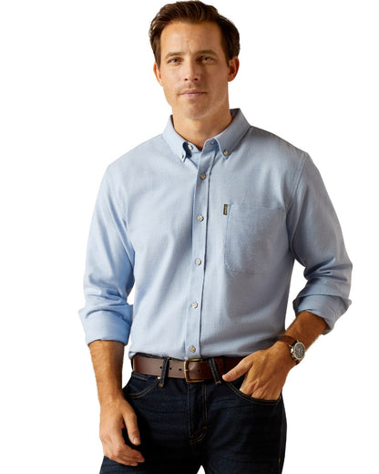 Chambray Blue coloured Ariat Mens Simmental Long Sleeves Shirt on white background 