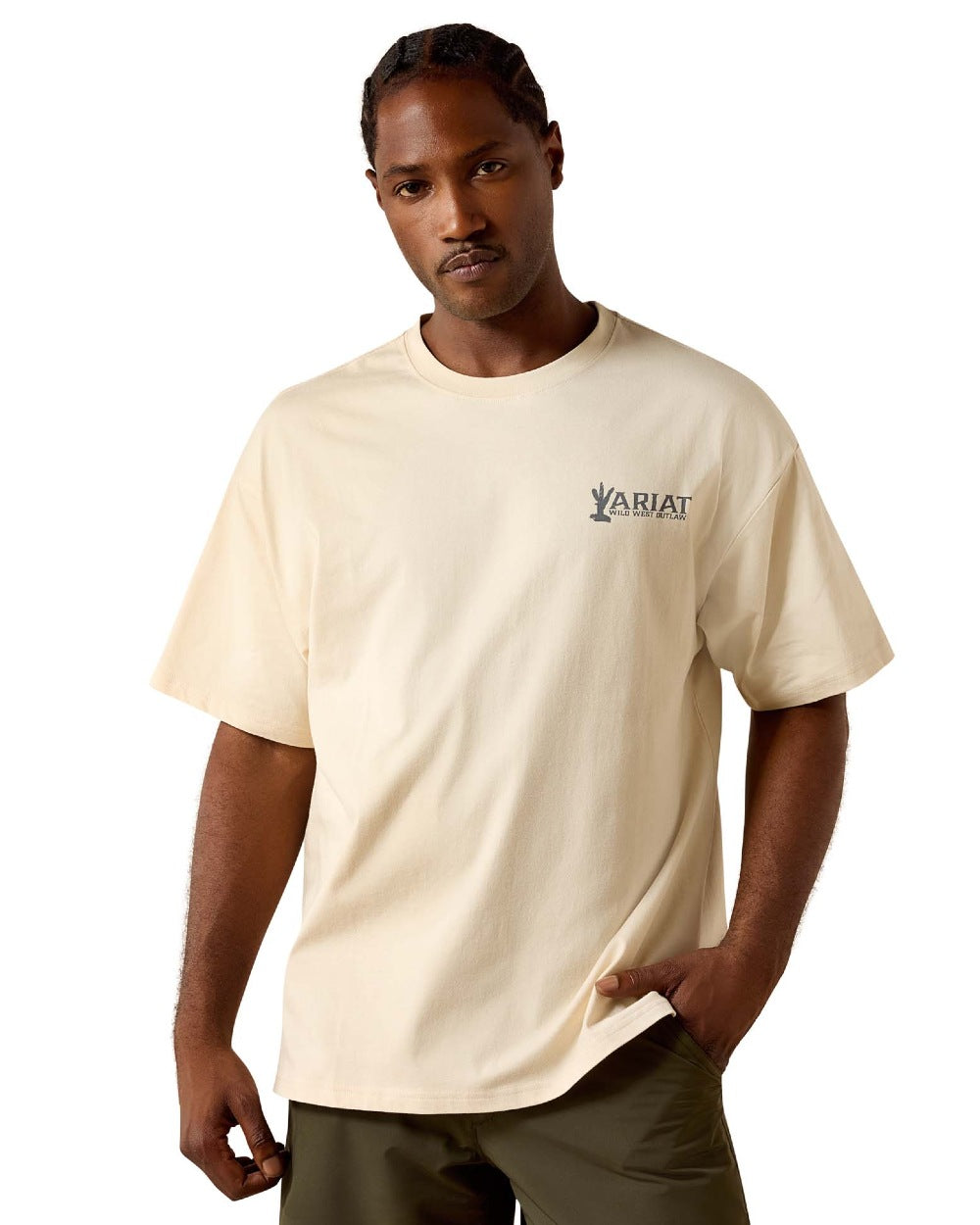 Sandshell coloured Ariat Mens The Wicked Boxy T-Shirt on white background 
