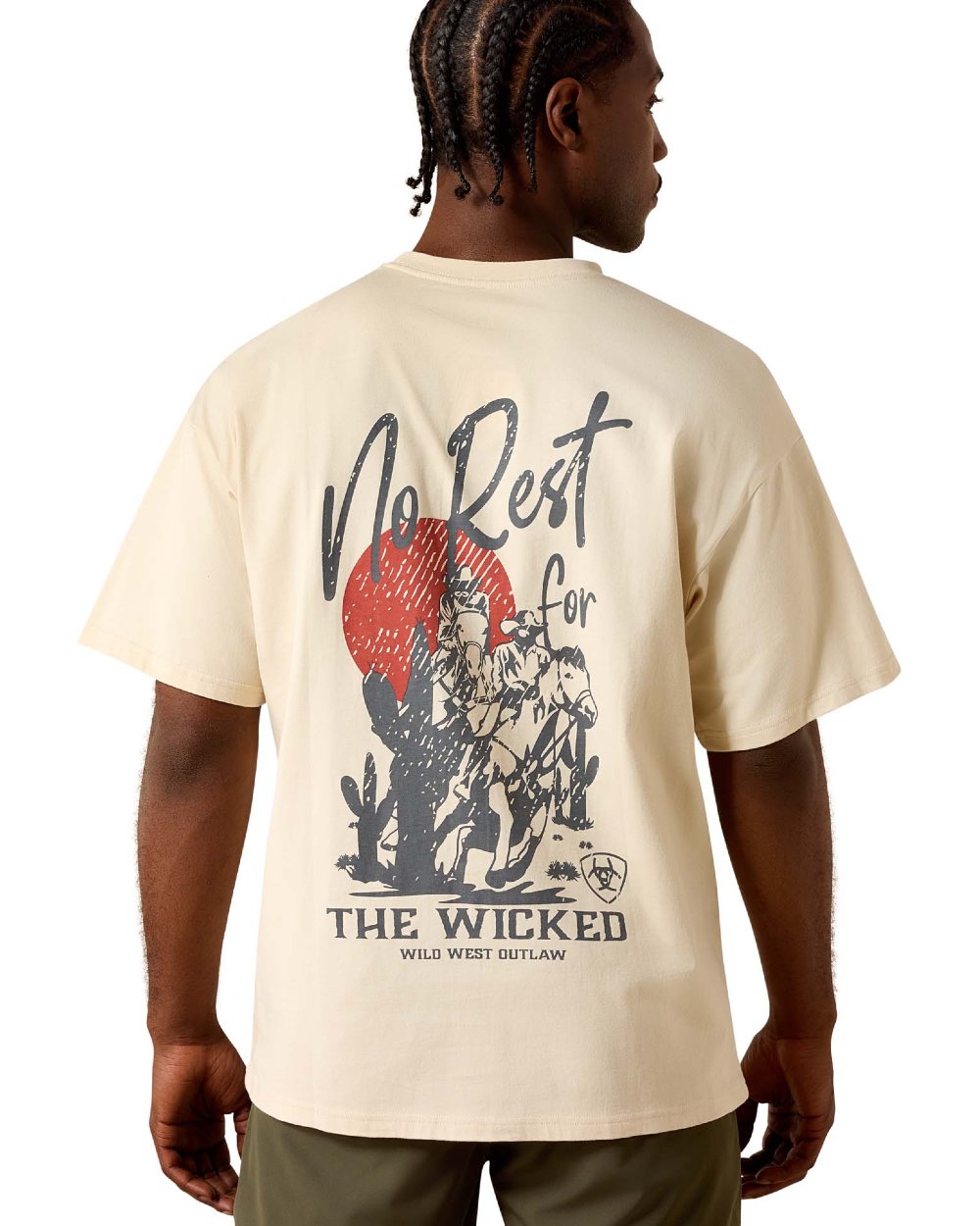 Sandshell coloured Ariat Mens The Wicked Boxy T-Shirt on white background 