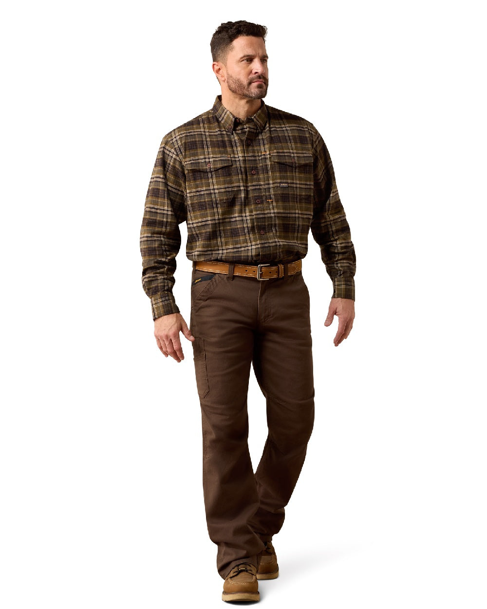 Earth coloured Ariat Mens Rebar Flannel Durastretch Long Sleeves Work Shirt on white background 