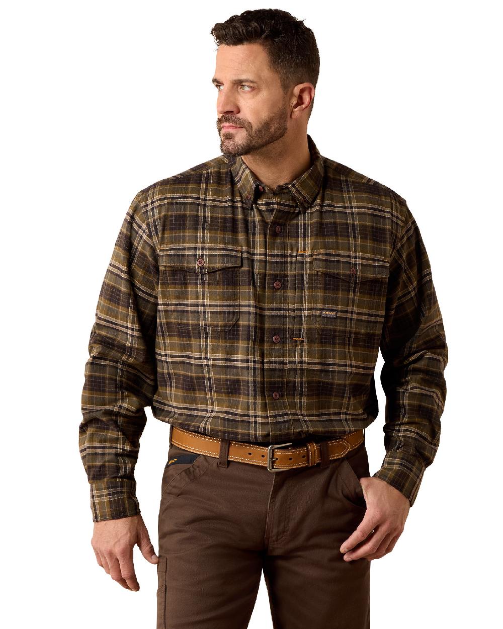 Earth coloured Ariat Mens Rebar Flannel Durastretch Long Sleeves Work Shirt on white background 