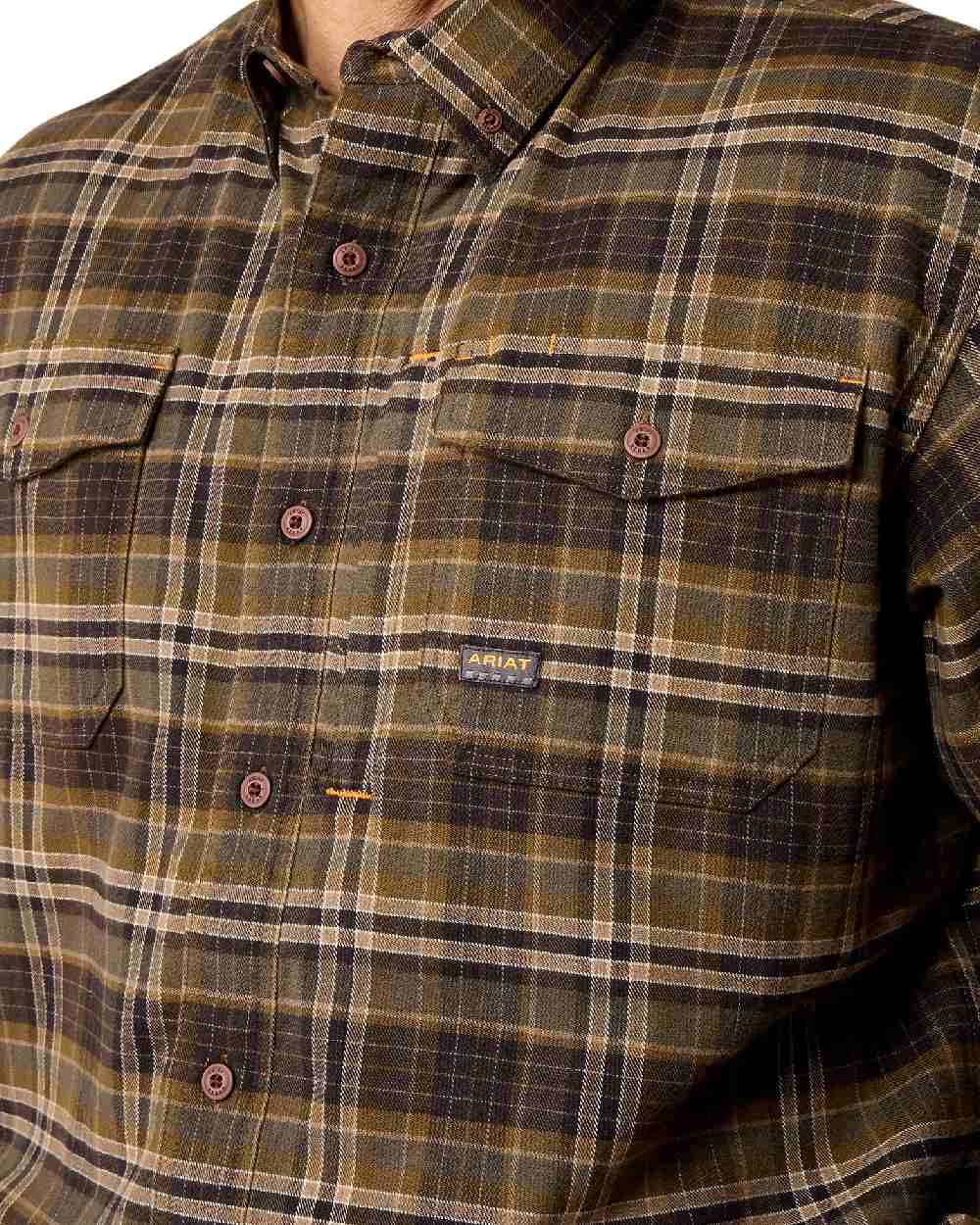 Earth coloured Ariat Mens Rebar Flannel Durastretch Long Sleeves Work Shirt on white background 