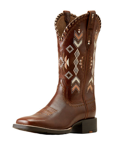 Canyon Tan Coloured Ariat Round Up Skyler Western Boots on white background 