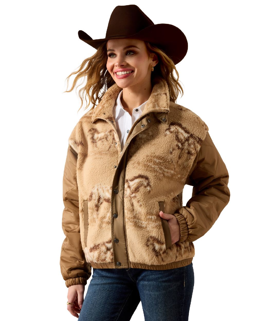 Wild Horses Print Tigers Eye coloured Ariat Womens Sherpa Blocked Jacket on white background 