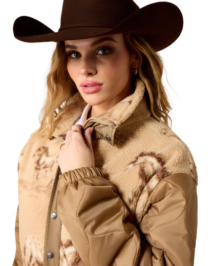 Wild Horses Print Tigers Eye coloured Ariat Womens Sherpa Blocked Jacket on white background 