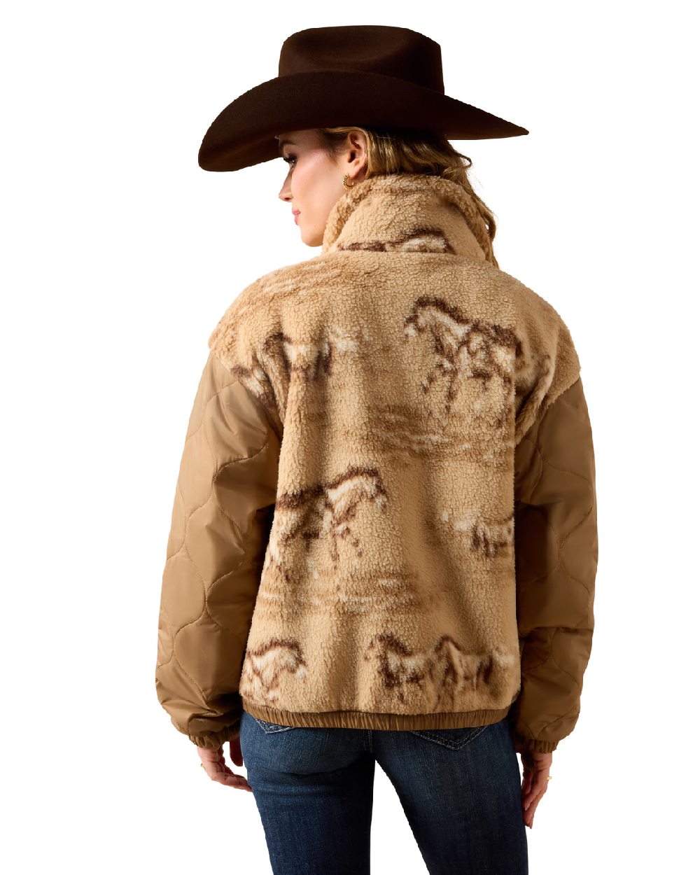 Wild Horses Print Tigers Eye coloured Ariat Womens Sherpa Blocked Jacket on white background 