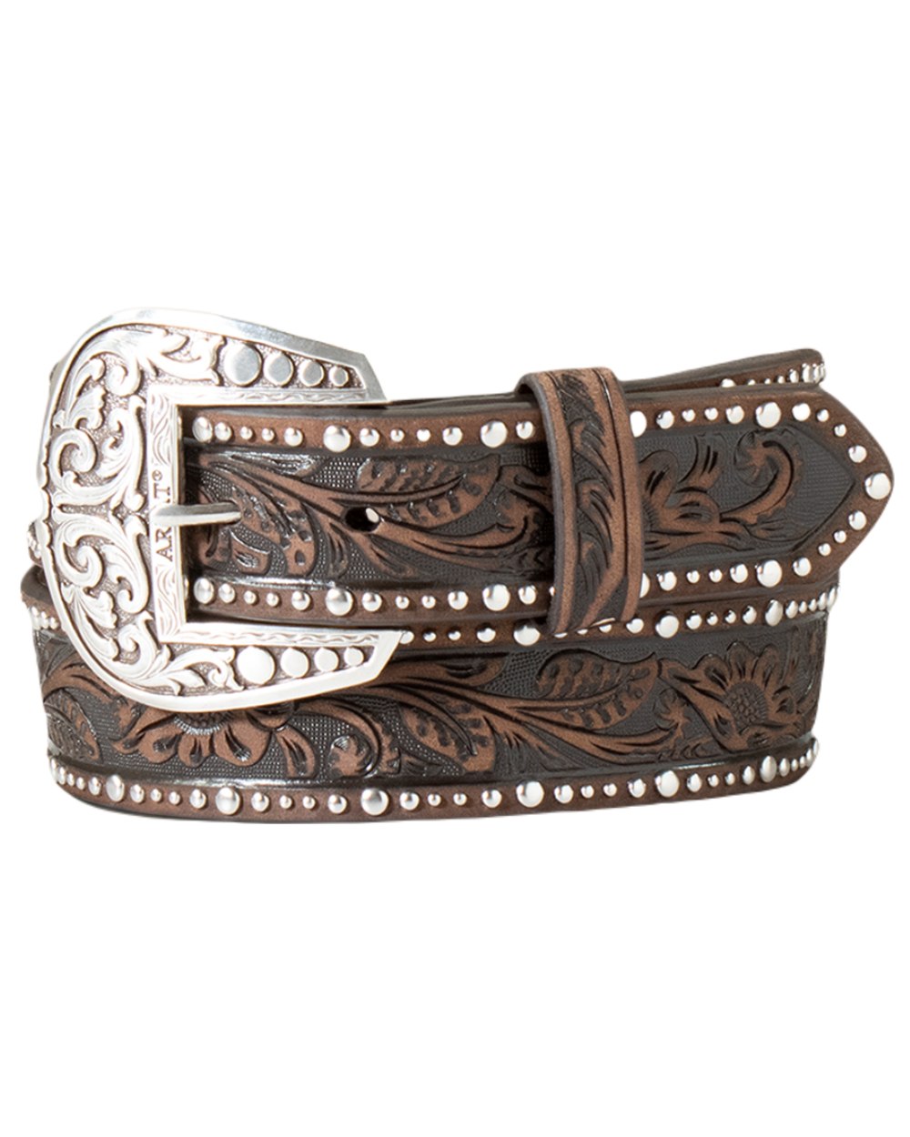 Ariat Studded Tooled Embossed Belt on white background