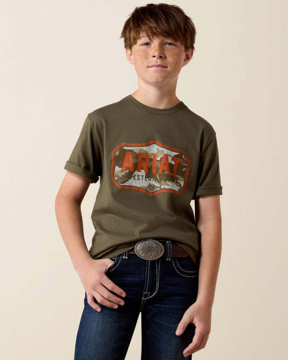 Green coloured Ariat Wild Creek Camo T-Shirt on beige background 