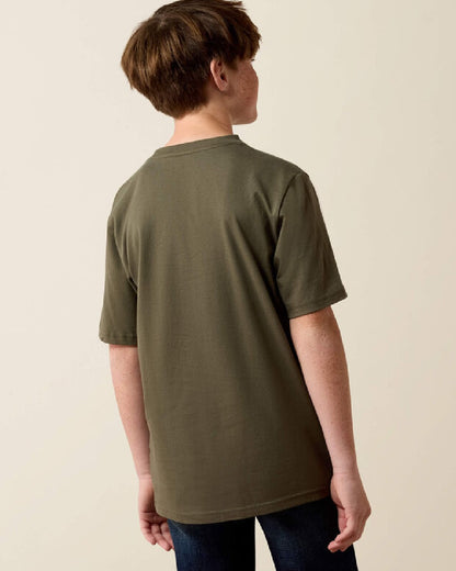 Green coloured Ariat Wild Creek Camo T-Shirt on beige background 