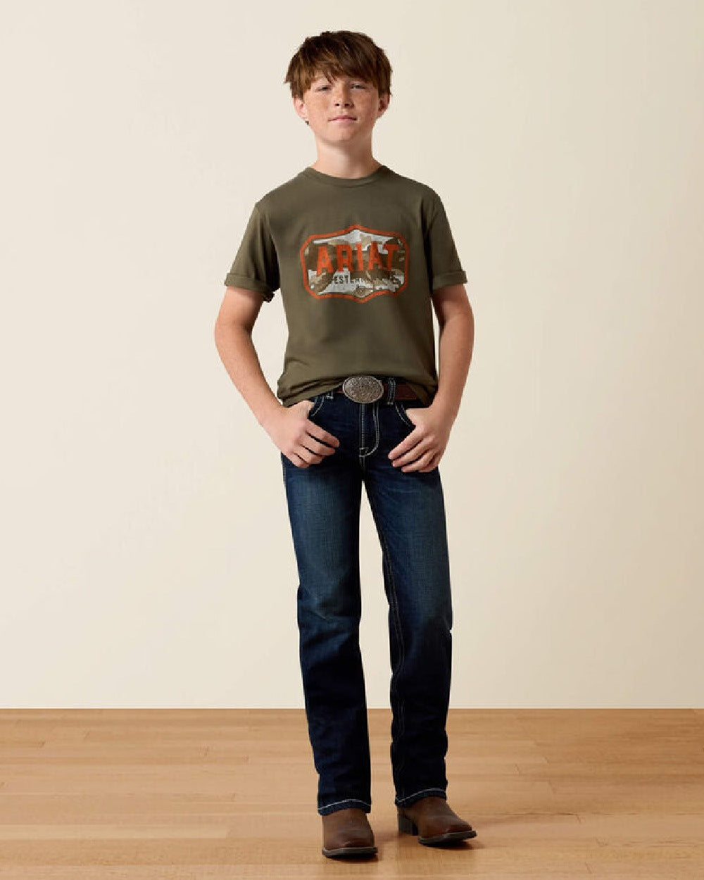 Green coloured Ariat Wild Creek Camo T-Shirt on beige background 