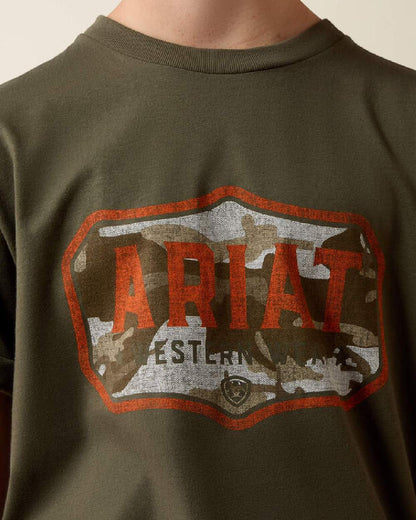 Green coloured Ariat Wild Creek Camo T-Shirt on beige background 