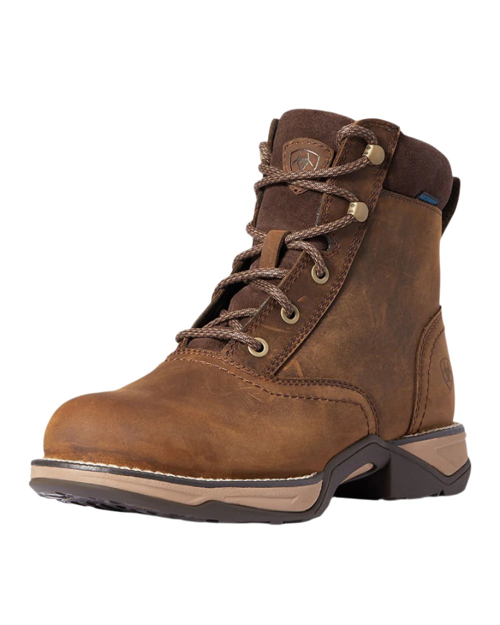 Distressed Brown Coloured Ariat Womens Anthem Round Toe Lacer Waterproof Boot on white background 