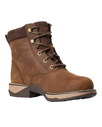 Distressed Brown Coloured Ariat Womens Anthem Round Toe Lacer Waterproof Boot on white background 