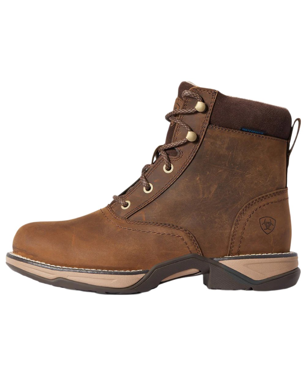 Distressed Brown Coloured Ariat Womens Anthem Round Toe Lacer Waterproof Boot on white background 