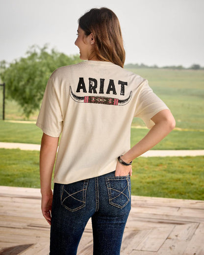 Natural Coloured Ariat Womens Ariat Bull Horns T-Shirt on outdoor background 