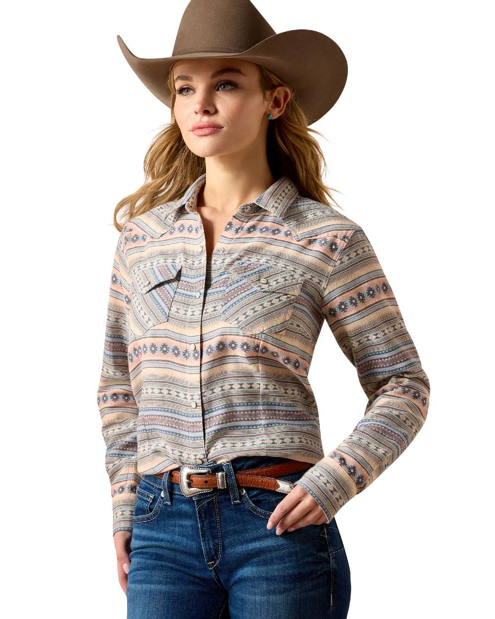 Ombre Blue Southwest coloured Ariat Womens Arizona Western Snap Shirt on white background 