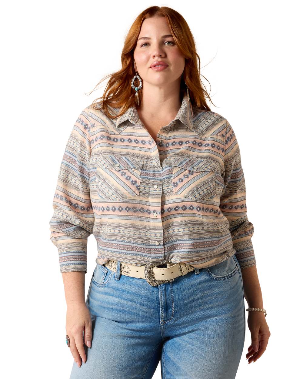 Ombre Blue Southwest coloured Ariat Womens Arizona Western Snap Shirt on white background 