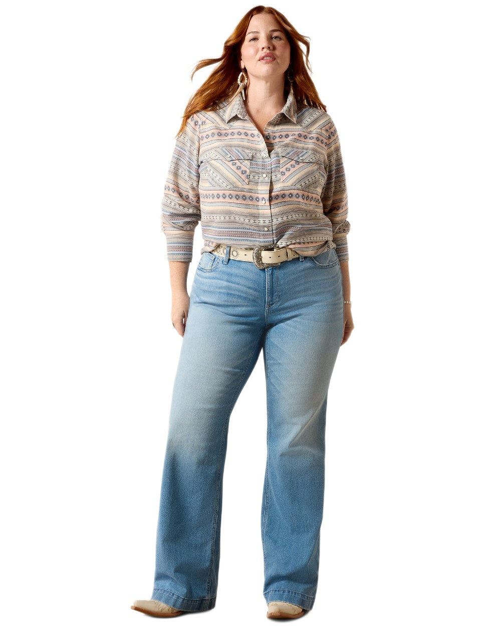 Ombre Blue Southwest coloured Ariat Womens Arizona Western Snap Shirt on white background 