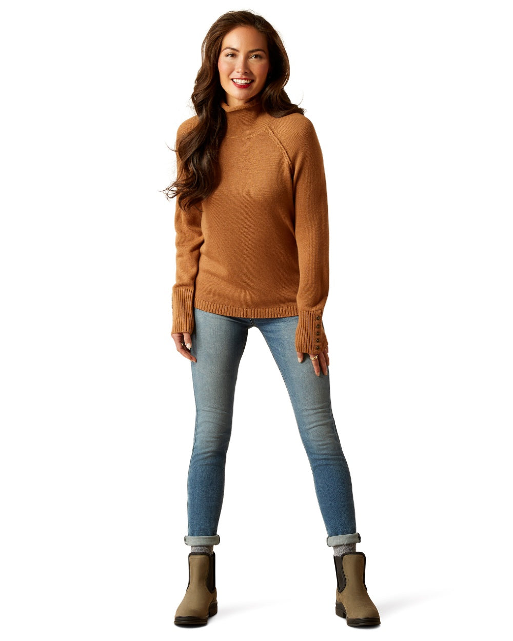 Camel coloured Ariat Womens Bahia Sweater on white background 