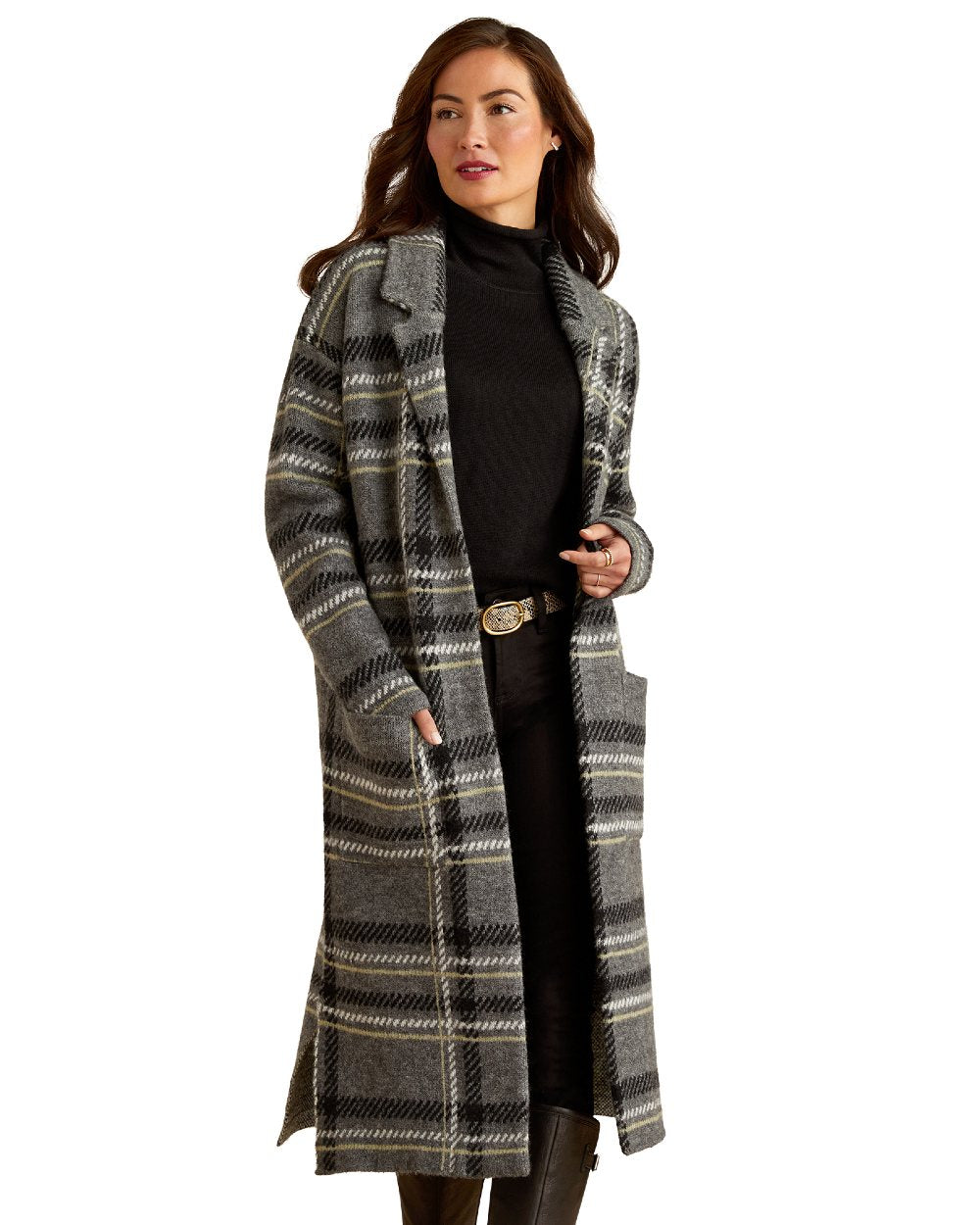 Charcoal Plaid coloured Ariat Womens Ballston Cardigan on white background 